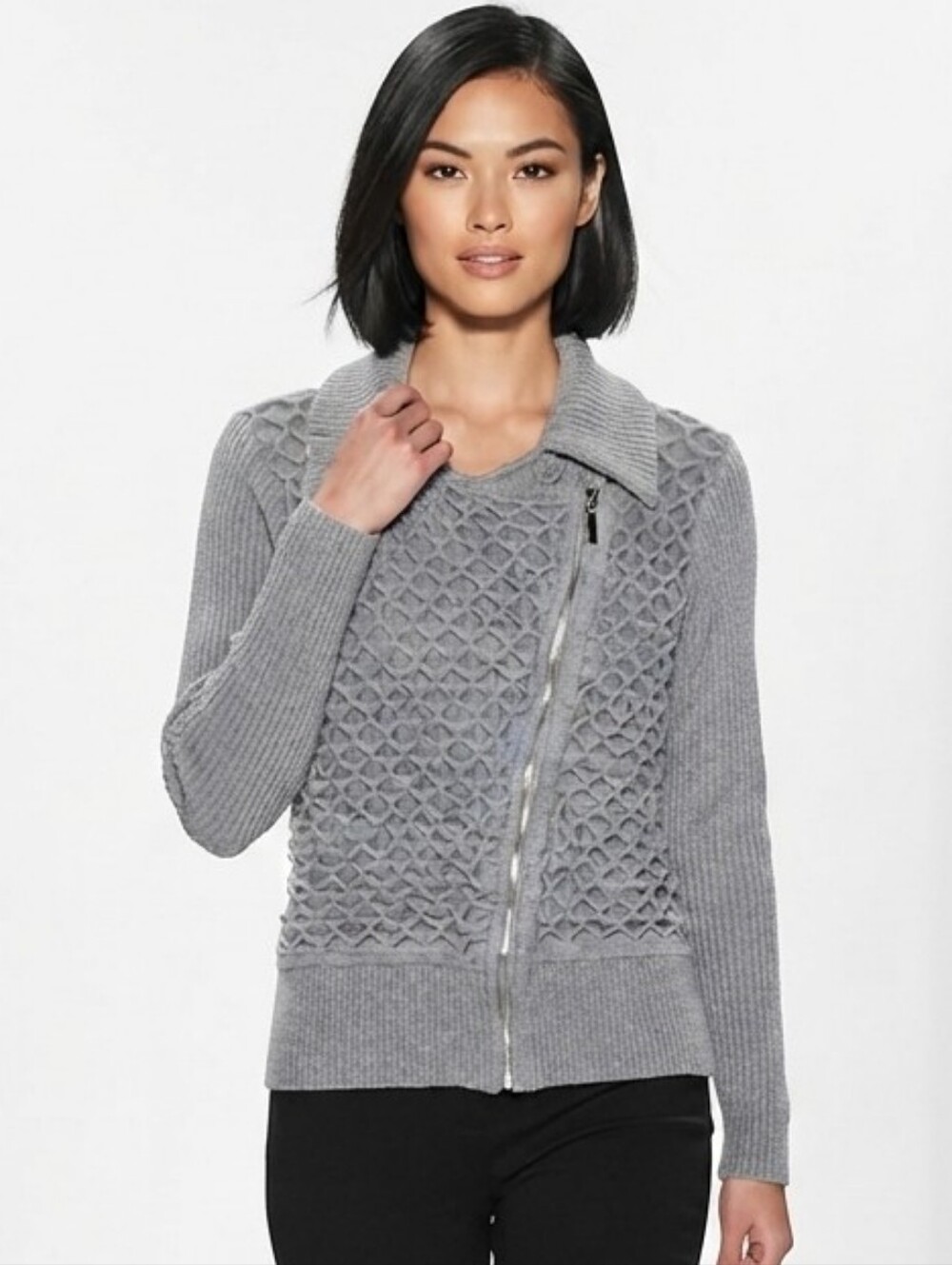 White House Black Market Gray Moto Zip Cardigan Sweater M